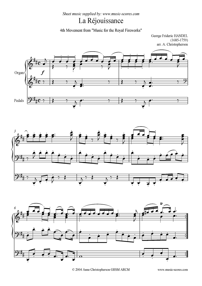 Front page of Fireworks Music: La Réjouissance: Organ: D ma sheet music