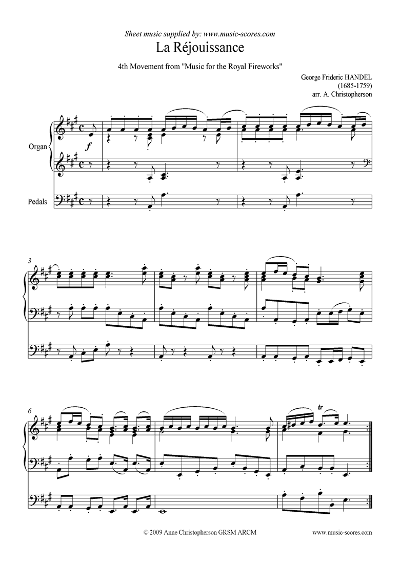 Front page of Fireworks Music: La Réjouissance: Organ: A ma sheet music