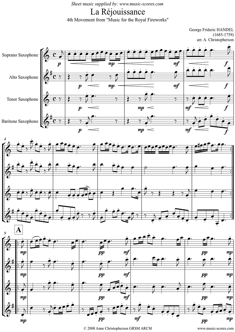 Front page of Fireworks Music: La Réjouissance: Sax Quartet sheet music