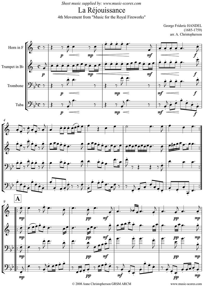 Front page of Fireworks Music: La Réjouissance: Brass Quartet sheet music