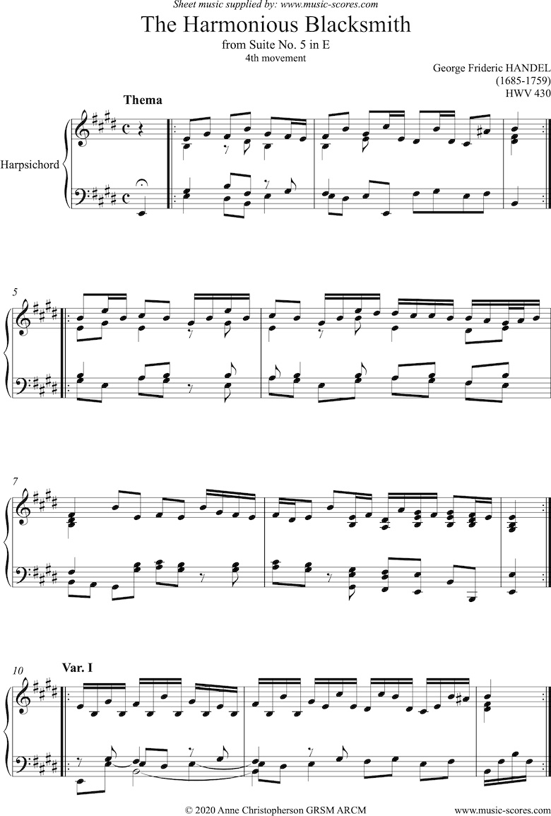 Front page of The Harmonious Blacksmith: Harpsichord: E ma sheet music