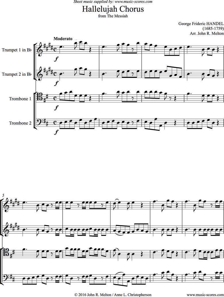 Indefinido Dar permiso Ejecutar Handel. Messiah Hallelujah Chorus Brass Quartet D major classical sheet  music