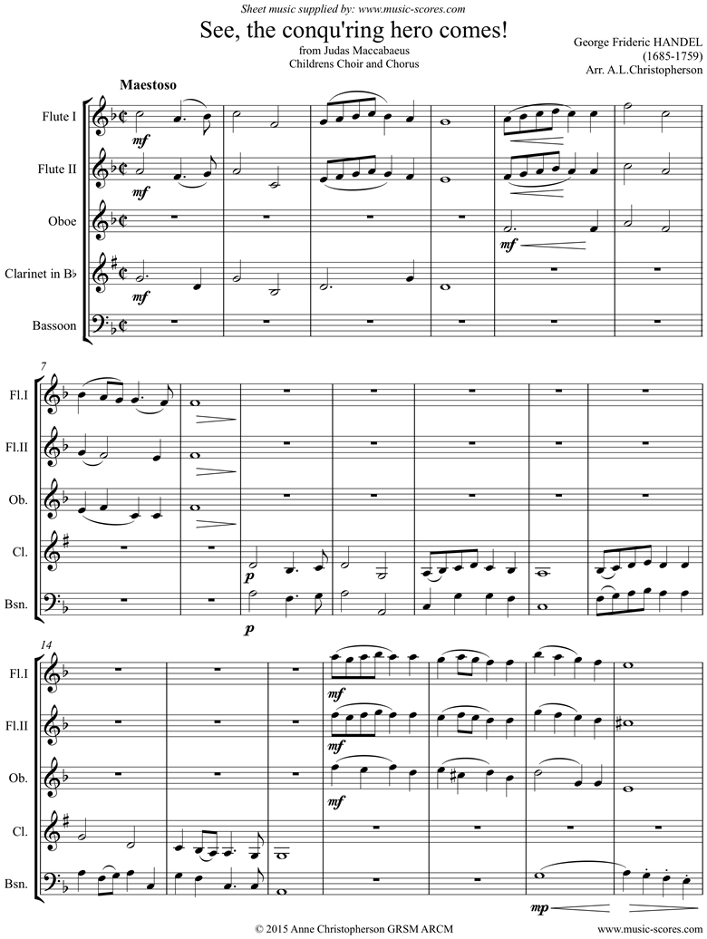 Front page of Judas Maccabaeus: See, the Conquering Hero: Wind quintet sheet music