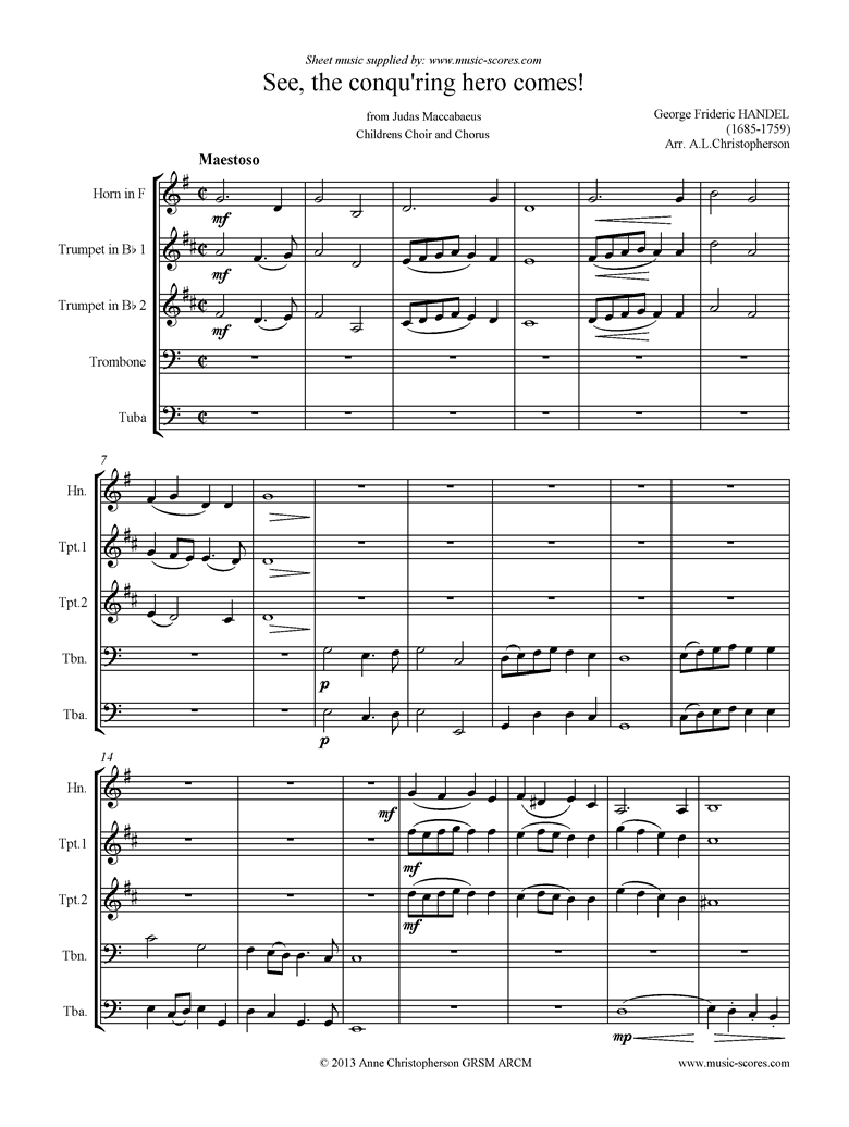Front page of Judas Maccabaeus: See, the Conquering Hero: Brass quintet sheet music
