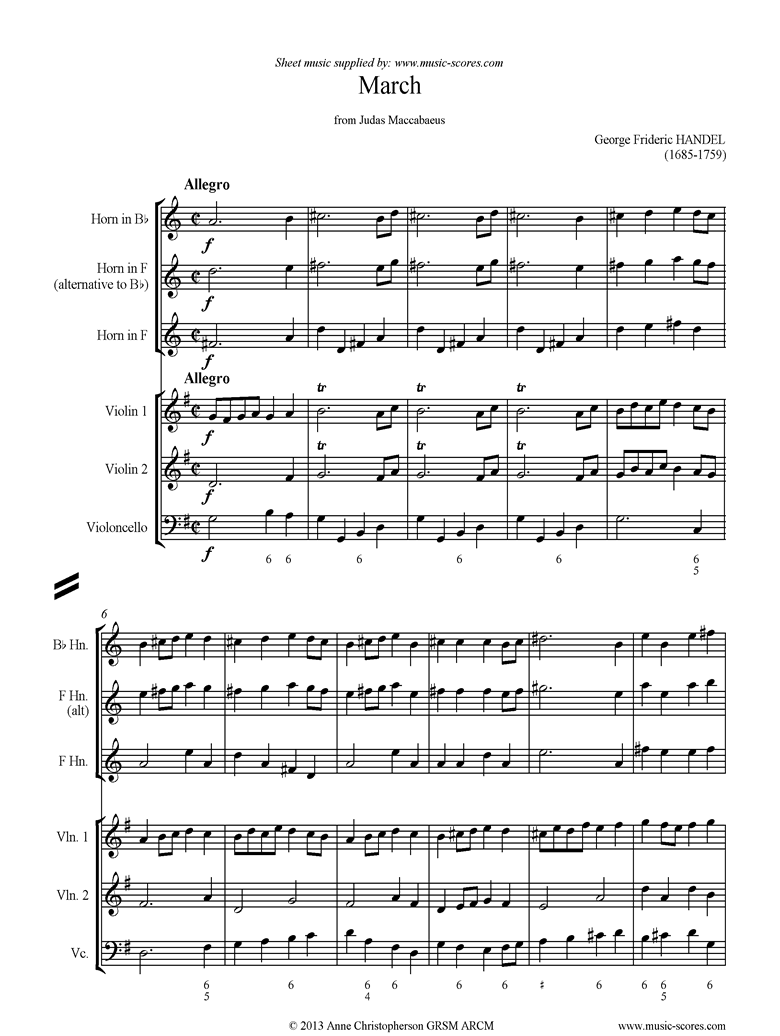 Judas Maccabaeus: March: Violins, Cellos, Horns and optional Harpsichord by Handel