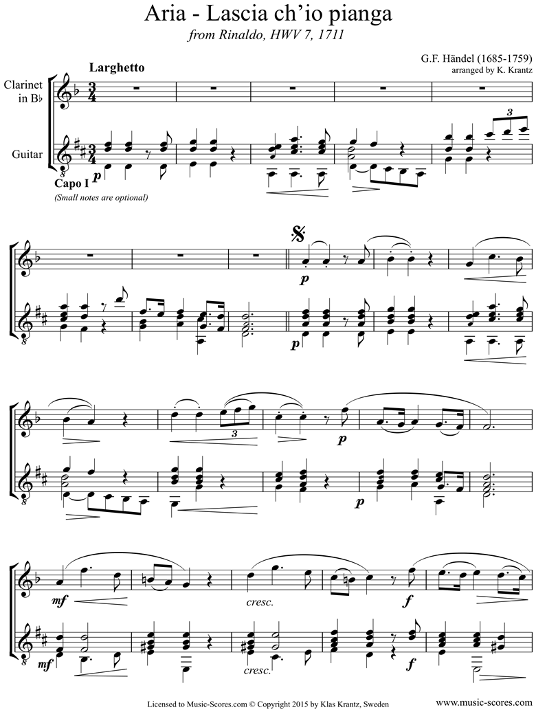 Front page of Rinaldo: Lascio: Clarinet, Guitar sheet music