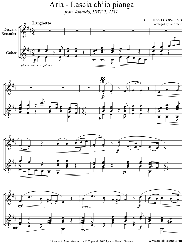 Front page of Rinaldo: Lascio: Descant Recorder, Guitar sheet music