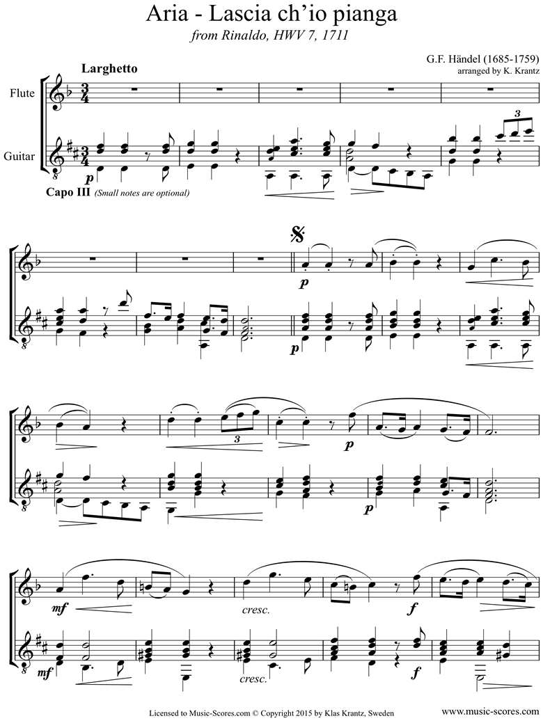 Front page of Rinaldo: Lascio: Flute, Guitar sheet music