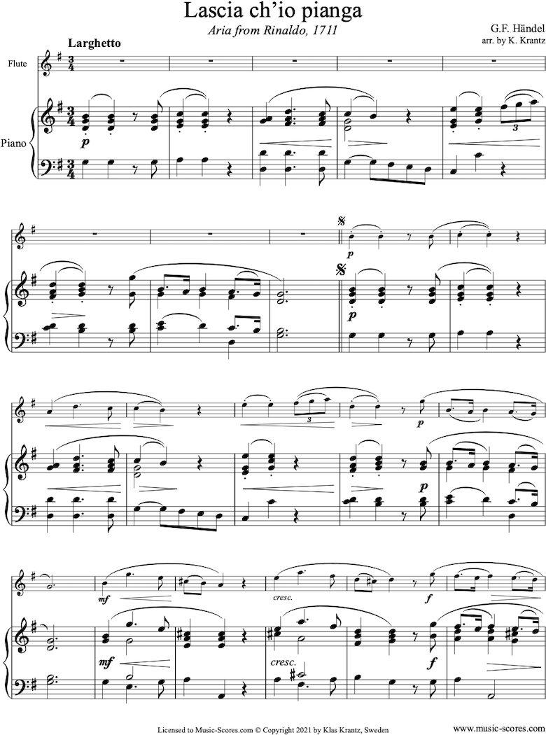 Front page of Rinaldo: Lascio: Flute, Piano sheet music