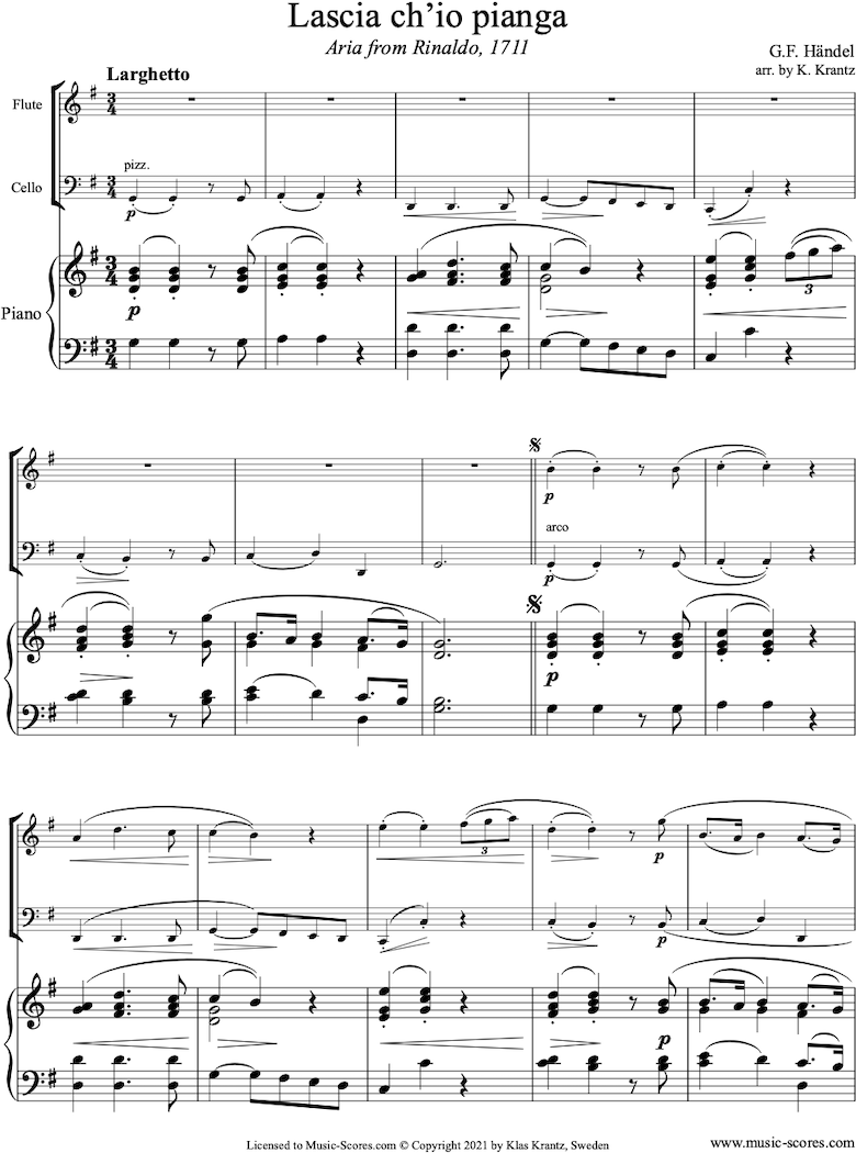 Front page of Rinaldo: Lascio: Flute, Cello, Piano sheet music