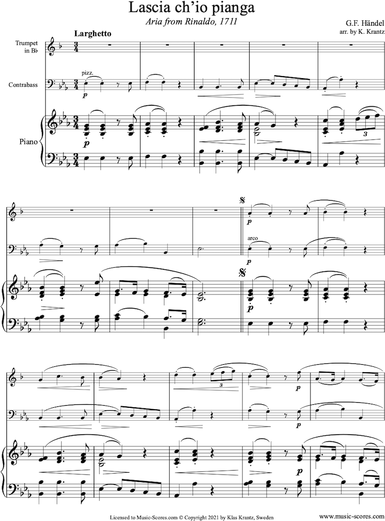 Front page of Rinaldo: Lascio: Trumpet, Contrabass, Piano sheet music