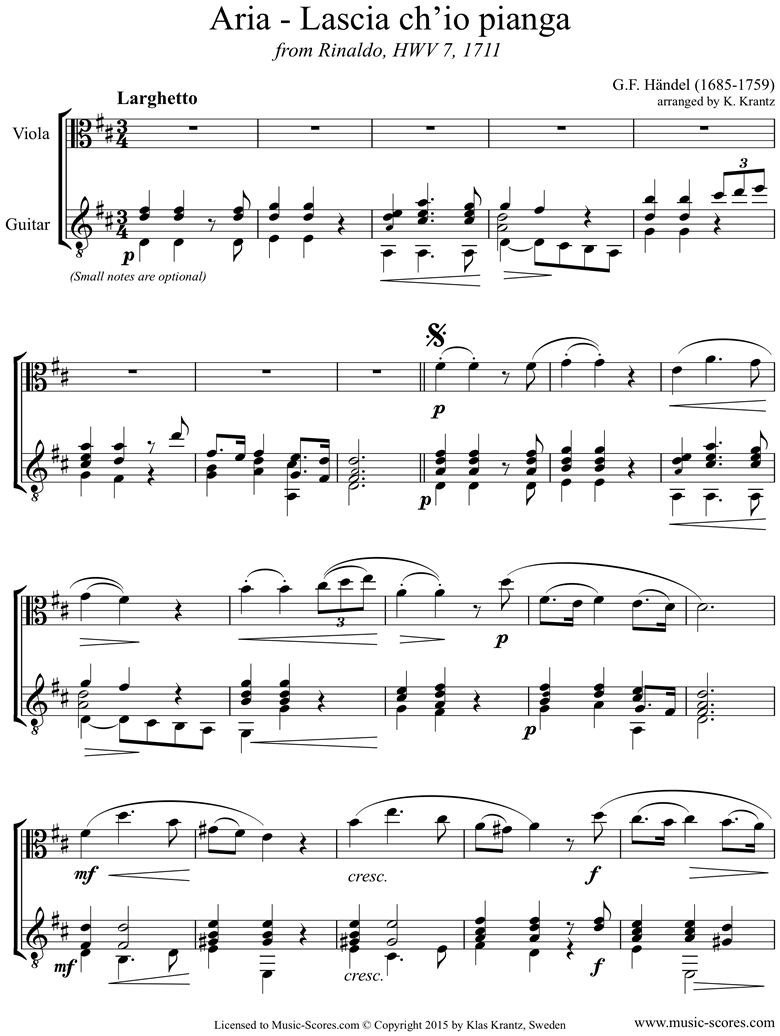 Front page of Rinaldo: Lascio: Viola, Guitar sheet music