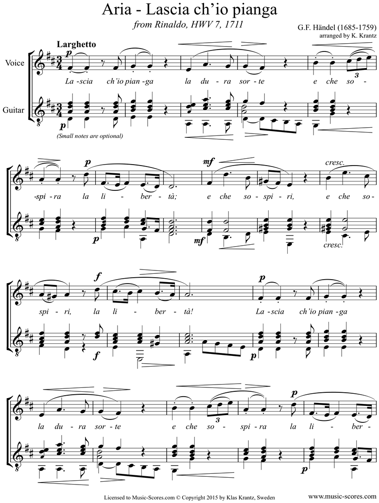 Front page of Rinaldo: Lascio: Voice, Guitar sheet music