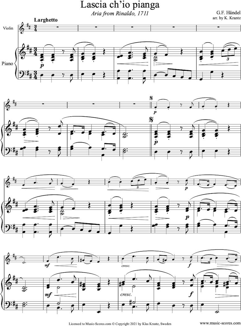 Front page of Rinaldo: Lascio: Violin, Piano sheet music