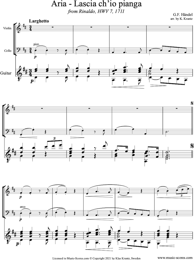 Front page of Rinaldo: Lascio: Violin, Cello, Guitar sheet music