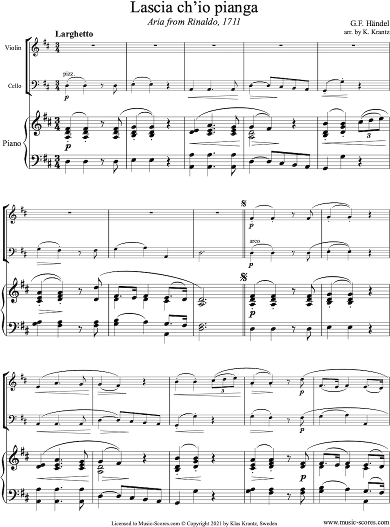 Front page of Rinaldo: Lascio: Violin, Cello, Piano sheet music