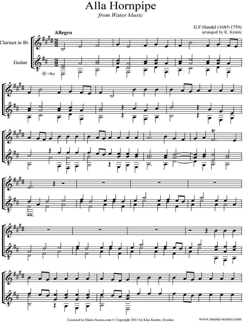 Front page of Water Music: Suite No.2: Alla Hornpipe: Clarinet, Guitar sheet music