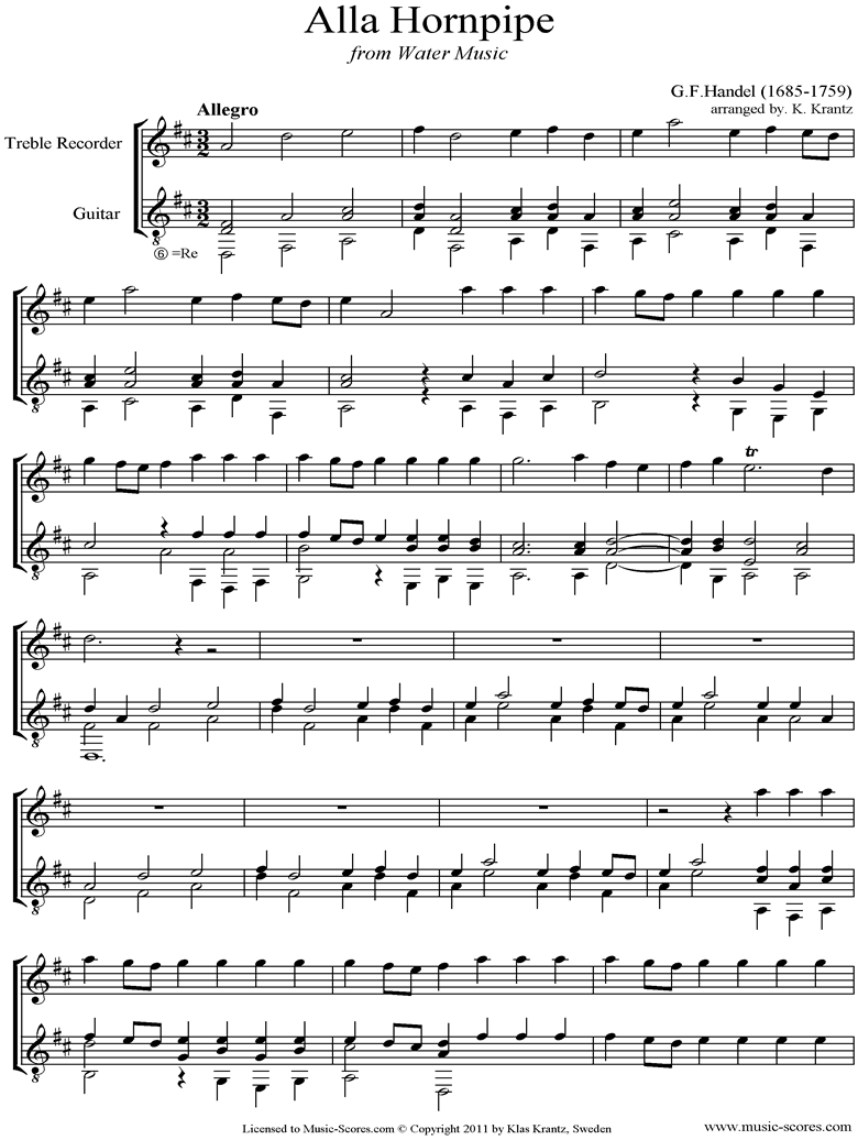 Front page of Water Music: Suite No.2: Alla Hornpipe: Treble Recorder, Guitar sheet music