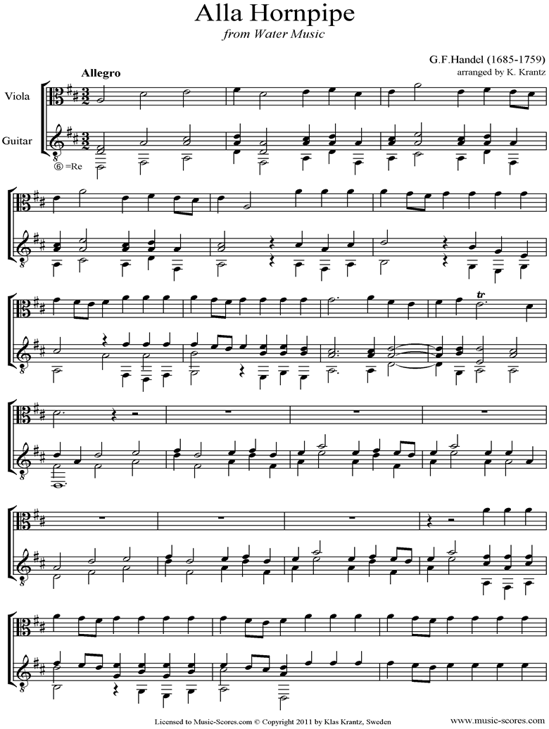 Water Music: Suite No.2: Alla Hornpipe: Viola, Guitar by Handel