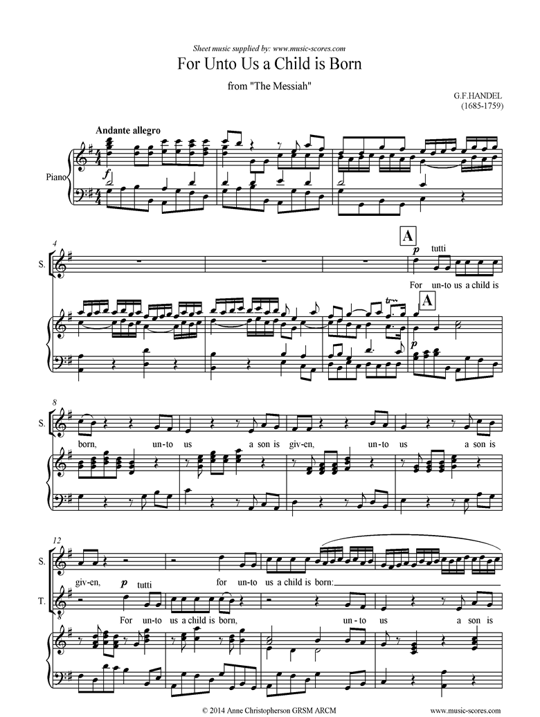 Front page of Messiah: For Unto Us a Child is Born: SATB sheet music