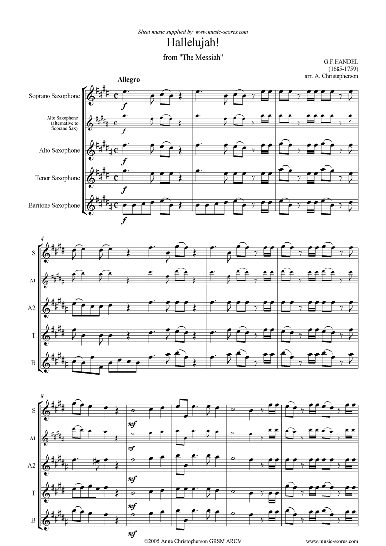 Front page of Messiah: Hallelujah Chorus: Sax Quartet: D major sheet music