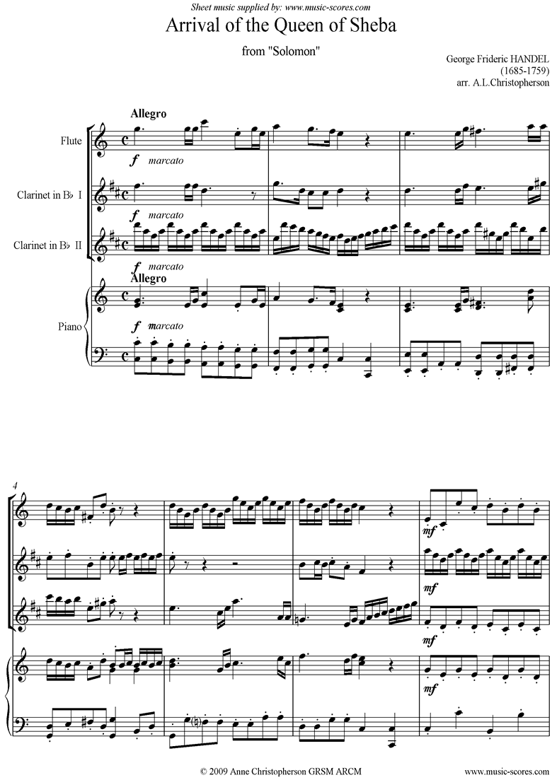 Solomon: Arrival of the Queen of Sheba: Fl 2Cl Pno by Handel