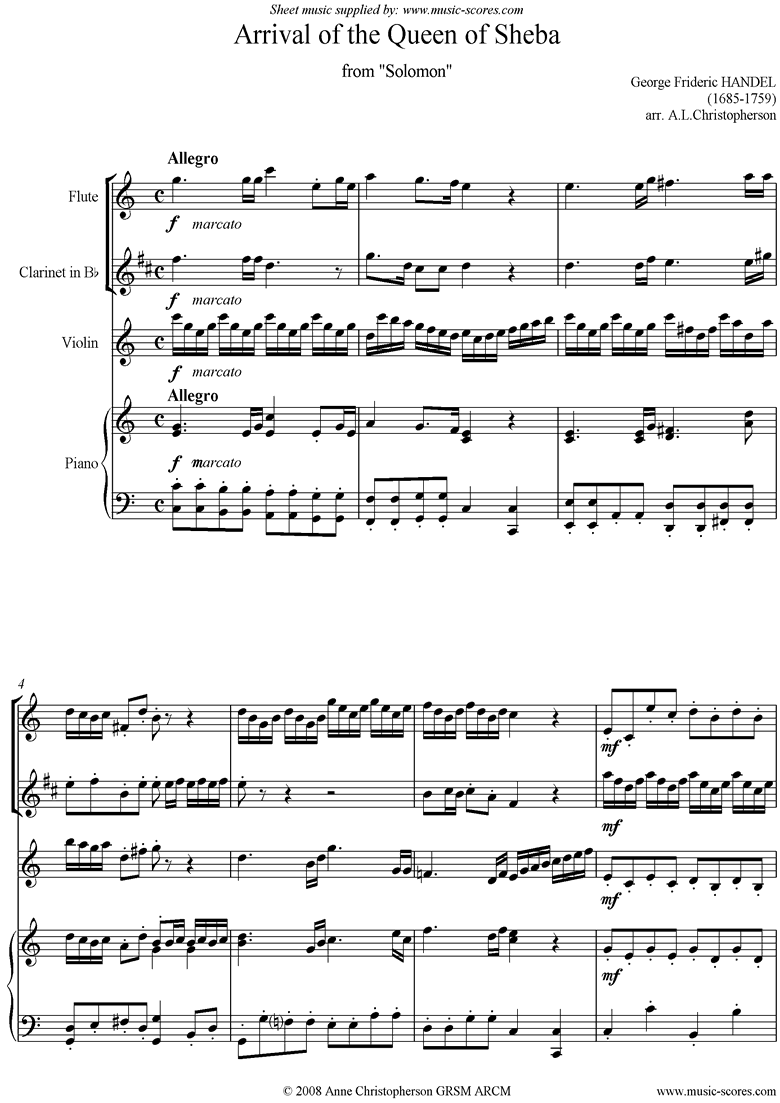 Solomon: Arrival of the Queen of Sheba:Fl,Cl,Vn,Pn by Handel