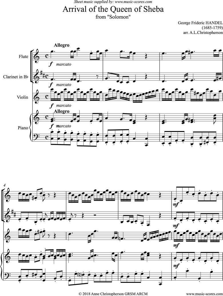 Solomon: Arrival of the Queen of Sheba:Fl,Cl,Vn,Pn by Handel