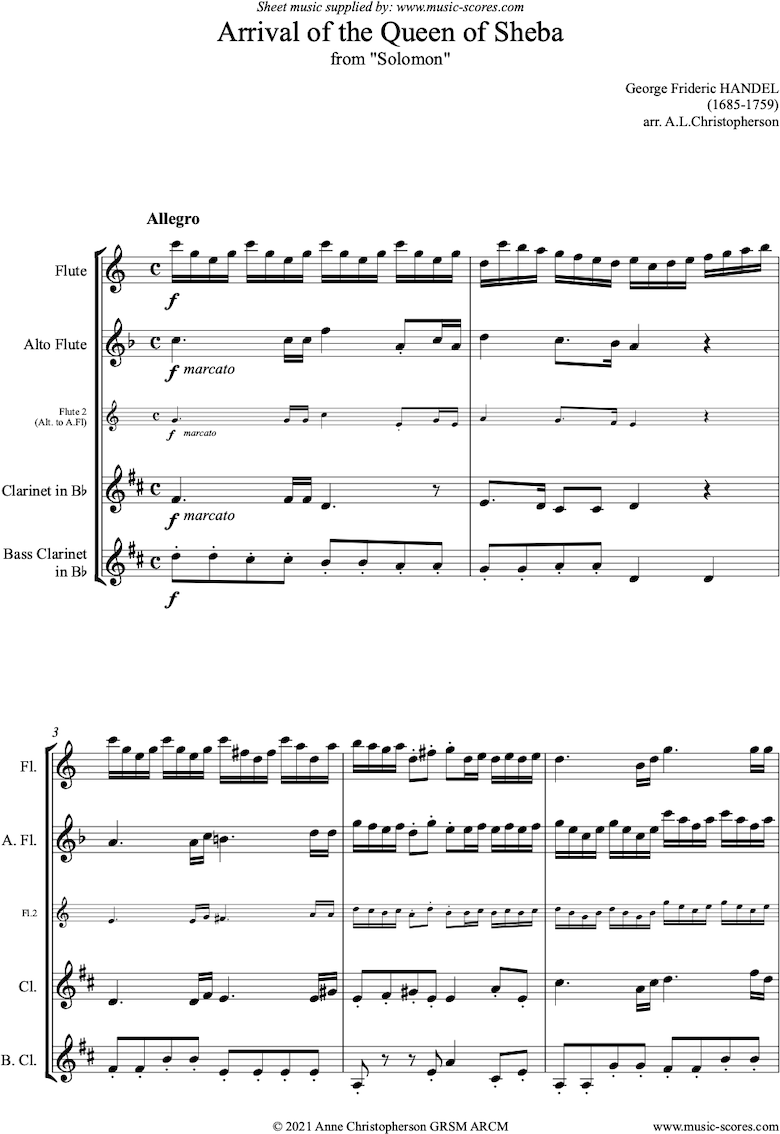 Front page of Solomon: Arrival of the Queen of Sheba: Flute, Alto Flute, Clarinet, Bass Clarinet sheet music