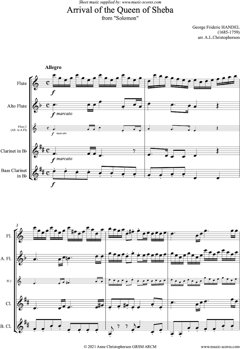 Solomon: Arrival of the Queen of Sheba: Flute, Alto Flute, Clarinet, Bass Clarinet by Handel