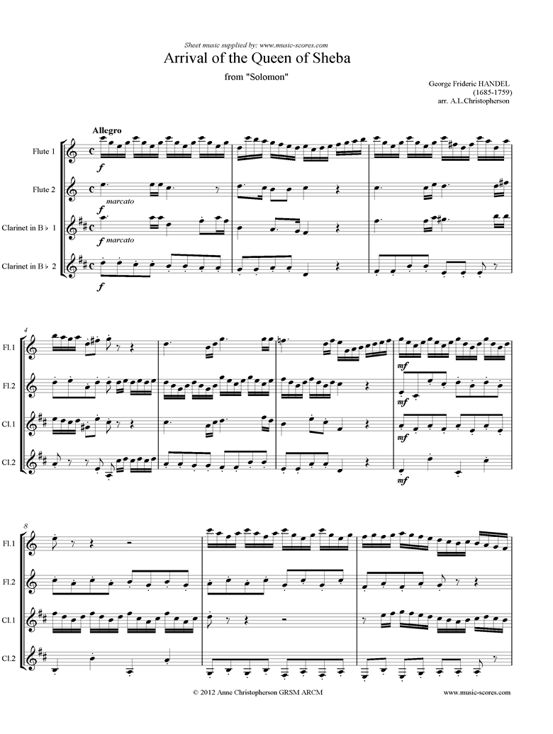 Front page of Solomon: Arrival of the Queen of Sheba:  2 flutes, 2 clarinets sheet music