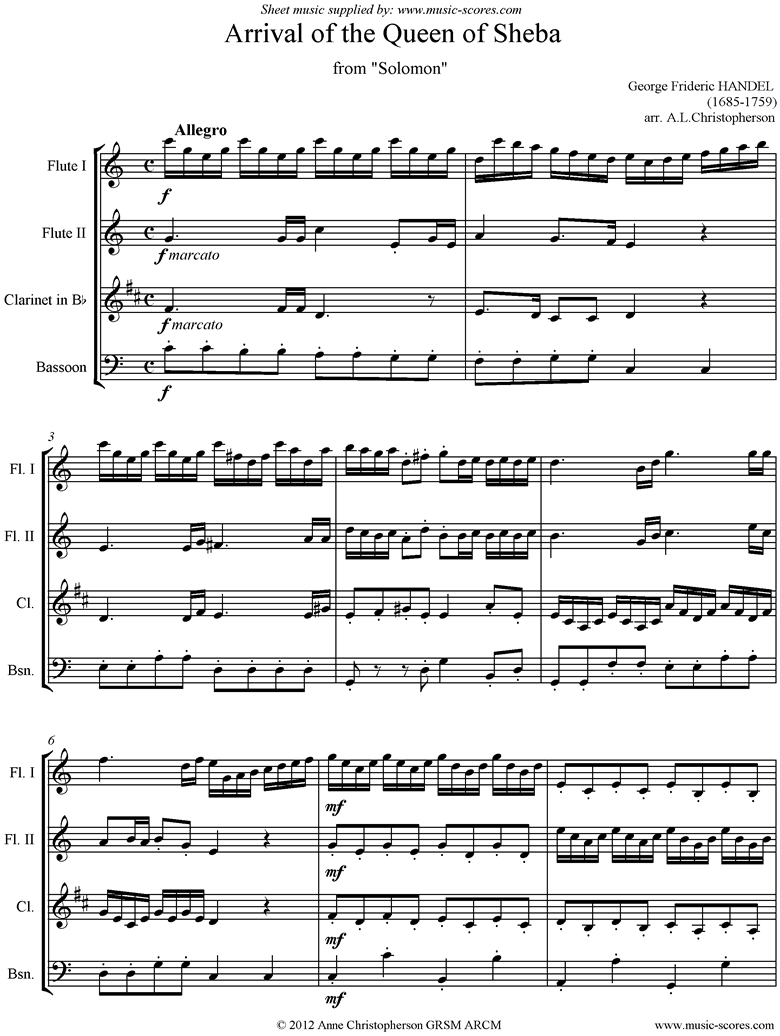 Front page of Solomon: Arrival of the Queen of Sheba: 2 Flutes, Clarinet, Bassoon sheet music