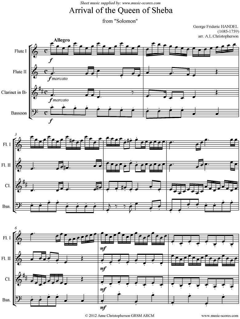 Solomon: Arrival of the Queen of Sheba: 2 Flutes, Clarinet, Bassoon by Handel