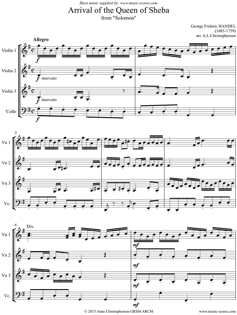 Solomon: Arrival of the Queen of Sheba: 3Vns Vc. G ma by Handel