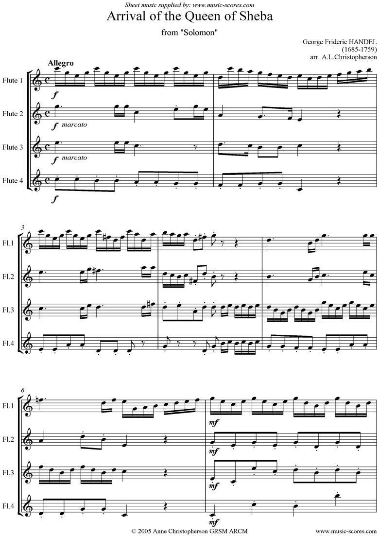 Front page of Solomon: Arrival of the Queen of Sheba: Flutes sheet music