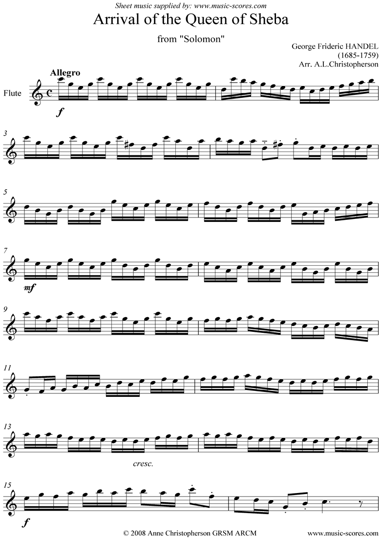 Front page of Solomon: Arrival of the Queen of Sheba: Flute solo sheet music