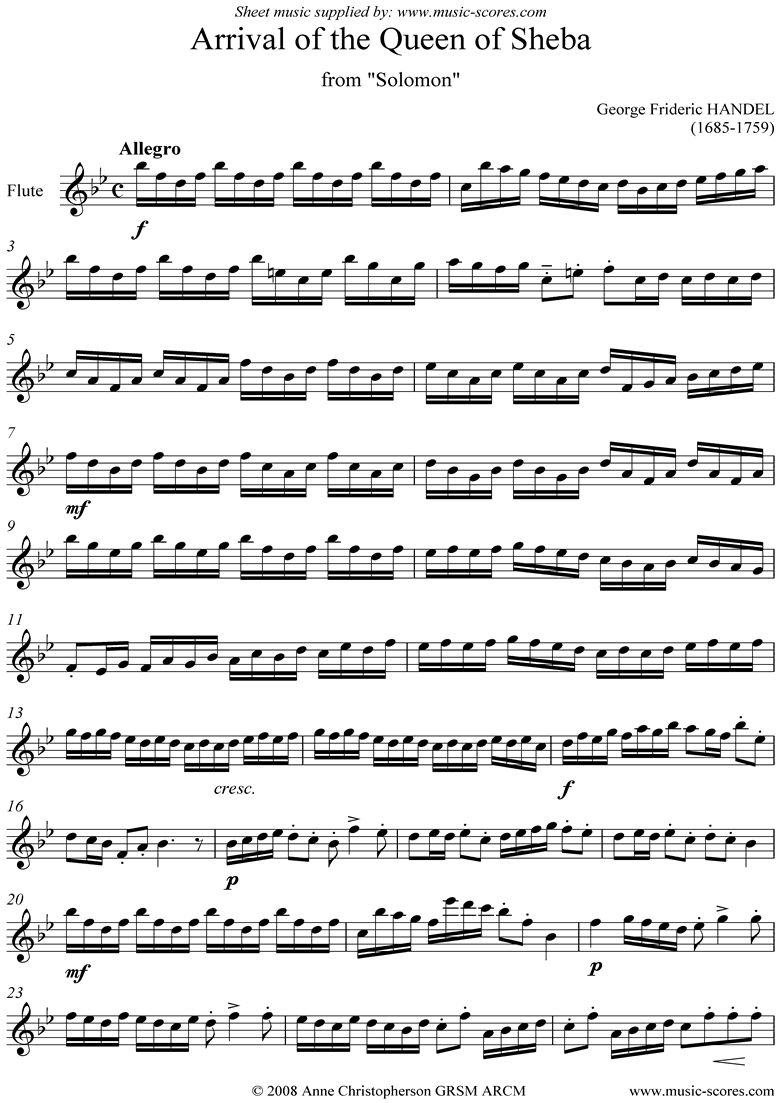 Front page of Solomon: Arrival of the Queen of Sheba: Flute solo sheet music