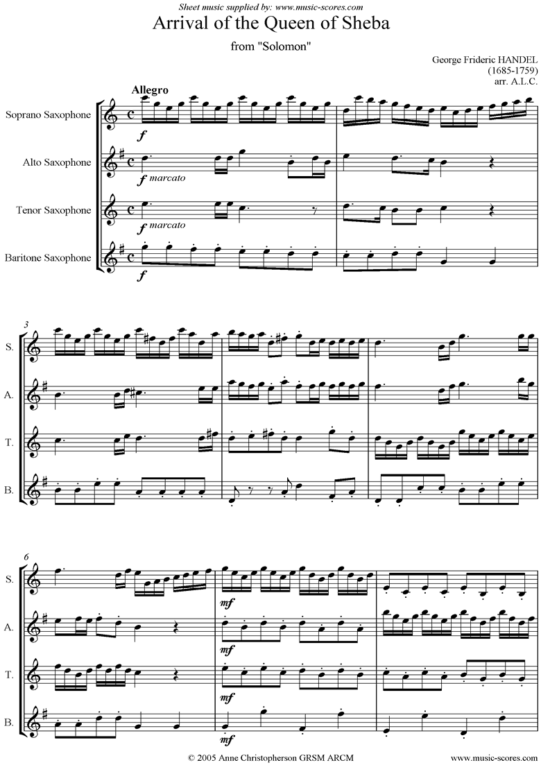 Solomon: Arrival of the Queen of Sheba: 4 Saxes by Handel
