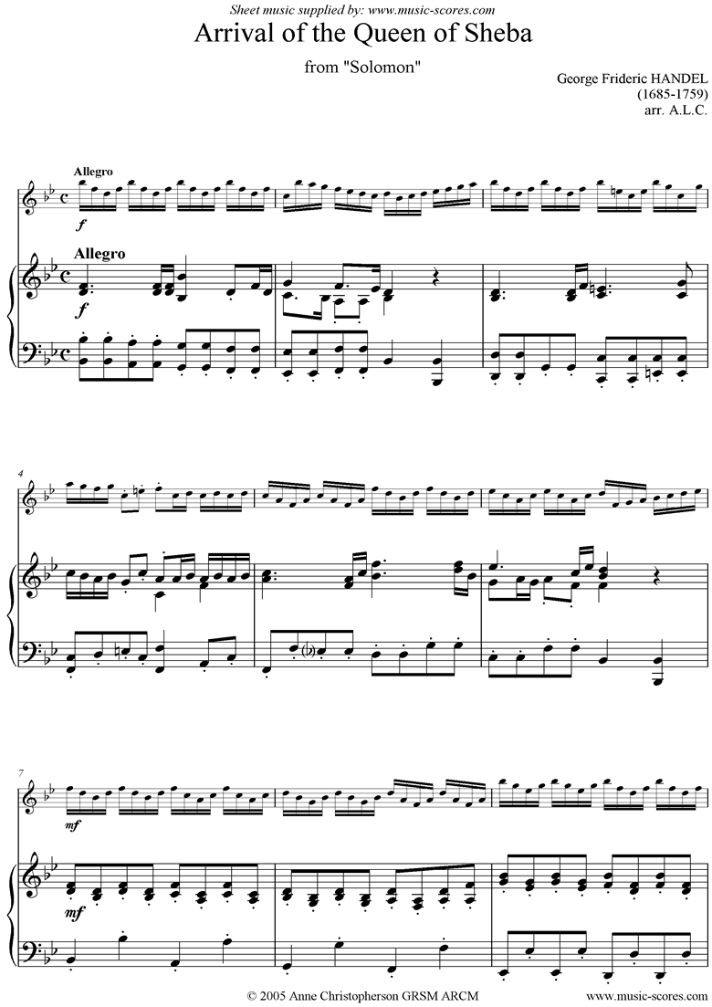 Front page of Solomon: Arrival of the Queen of Sheba: Violin sheet music