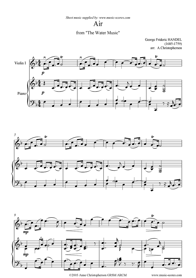 Front page of Water Music: Suite No.1: Air: Violin sheet music