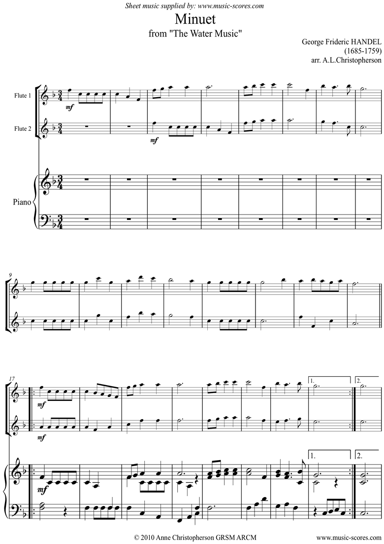 Water Music: Suite No.1: Minuet: 2 Flutes Piano by Handel