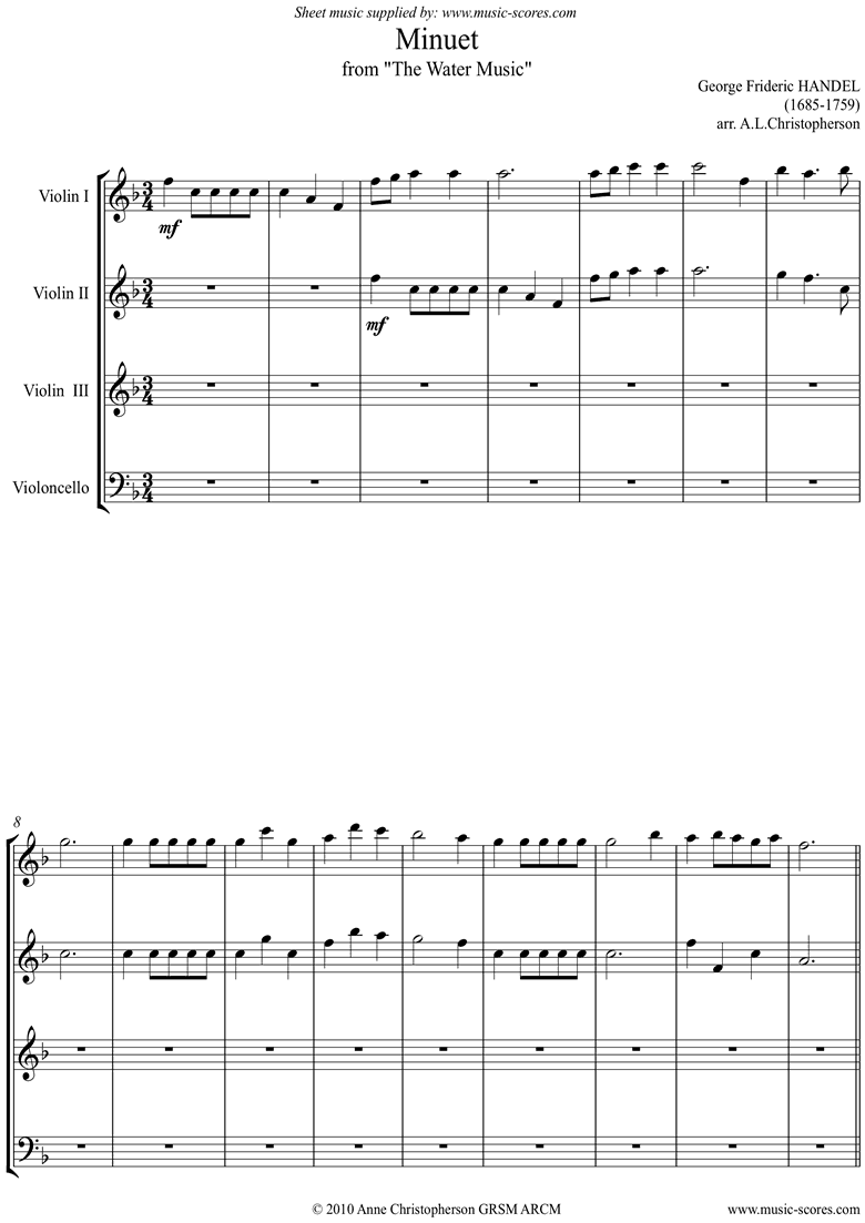 Front page of Water Music: Suite No.1: Minuet: 3 Violins Cello sheet music