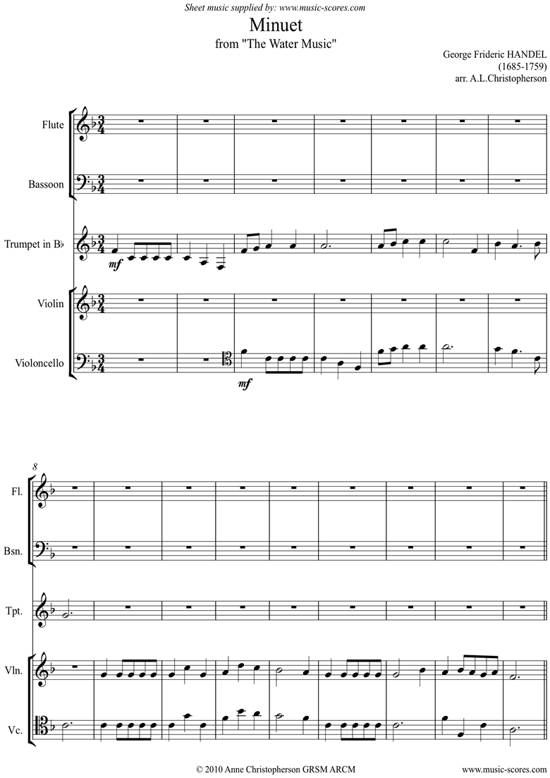 Front page of Water Music: Suite No.1: Minuet: Fl Vn Tpt Vc Fg sheet music