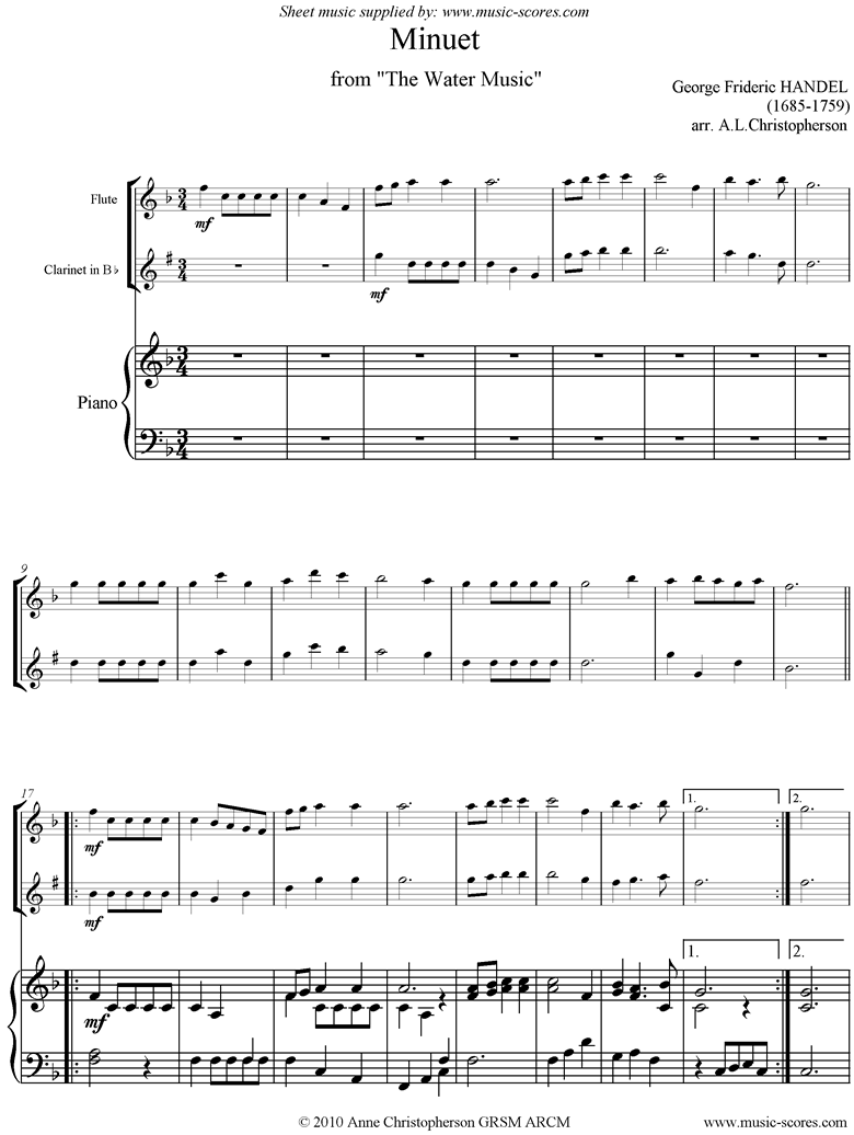 Water Music: Suite No.1: Minuet: Flute, Clarinet, Piano by Handel