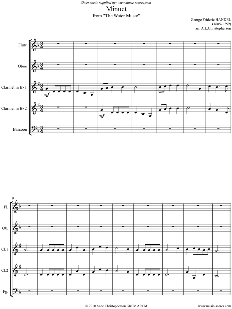 Front page of Water Music: Suite No.1: Minuet: Fl Ob 2Cl Fg sheet music