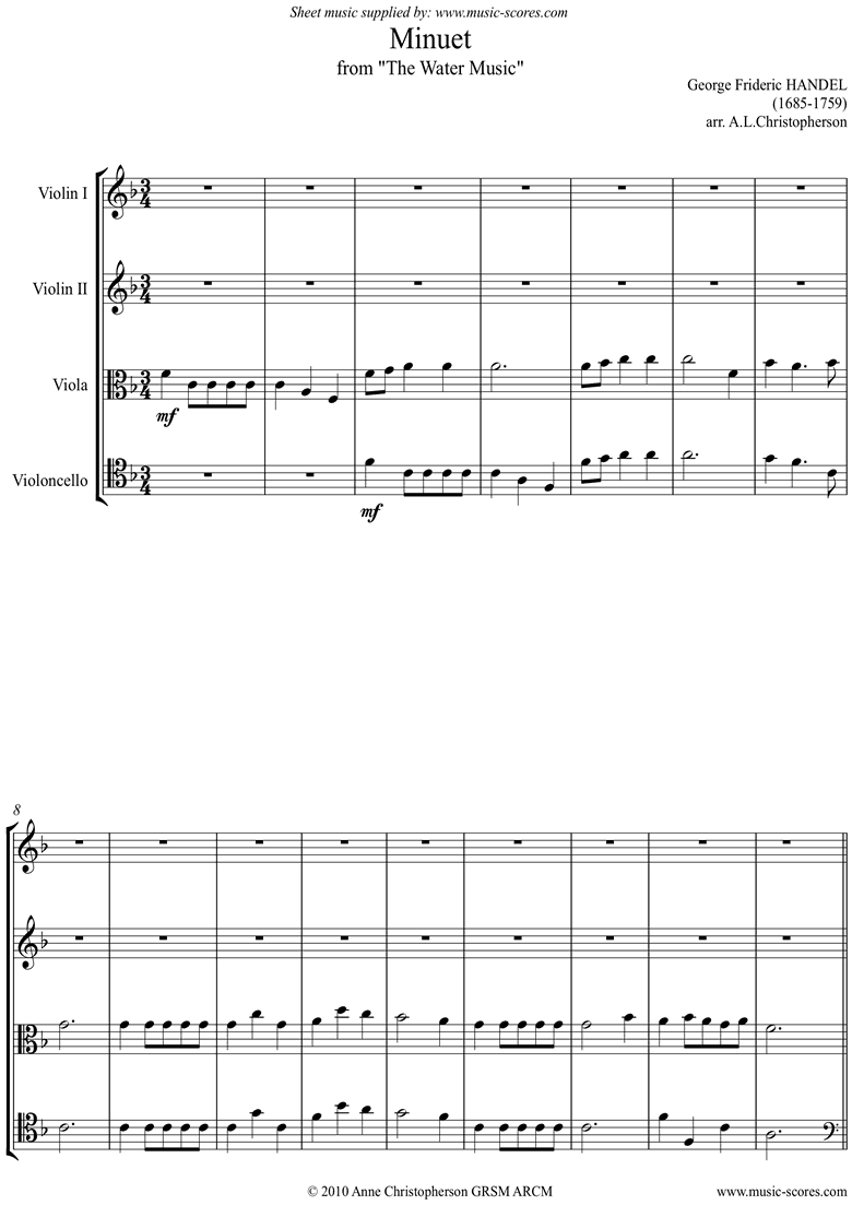Front page of Water Music: Suite No.1: Minuet: String Quartet sheet music