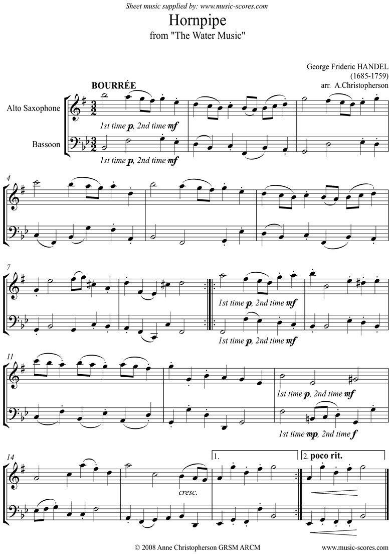 Front page of Water Music: Suite No.1: Hornpipe:Alto Sx, Bassoon sheet music