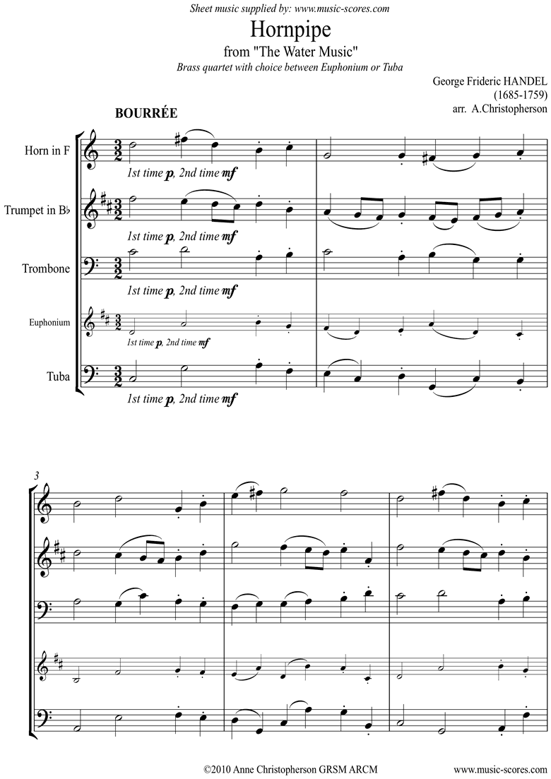 Front page of Water Music: Suite No.1: Hornpipe: Tpt Hn Tbn Tba sheet music