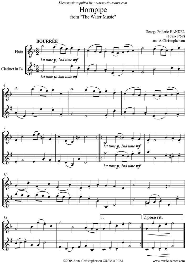 Front page of Water Music: Suite No.1: Hornpipe: Flute, Clarinet sheet music