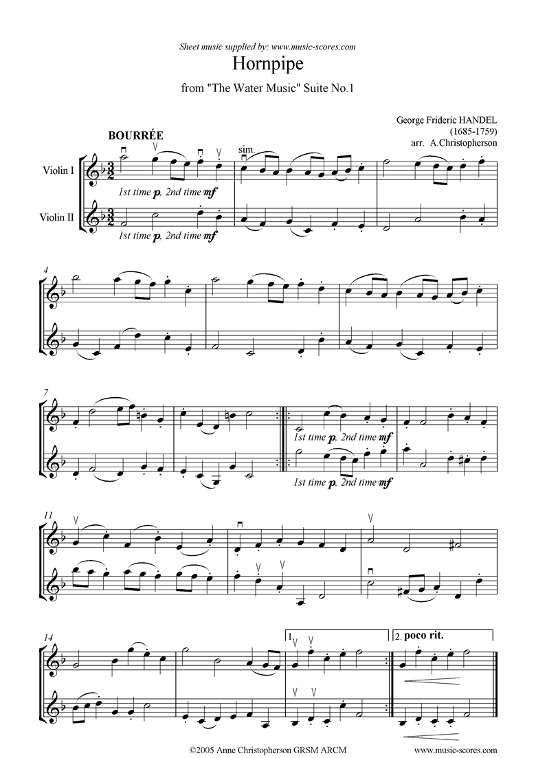 Water Music: Suite No.1: Hornpipe: 2 Violins by Handel